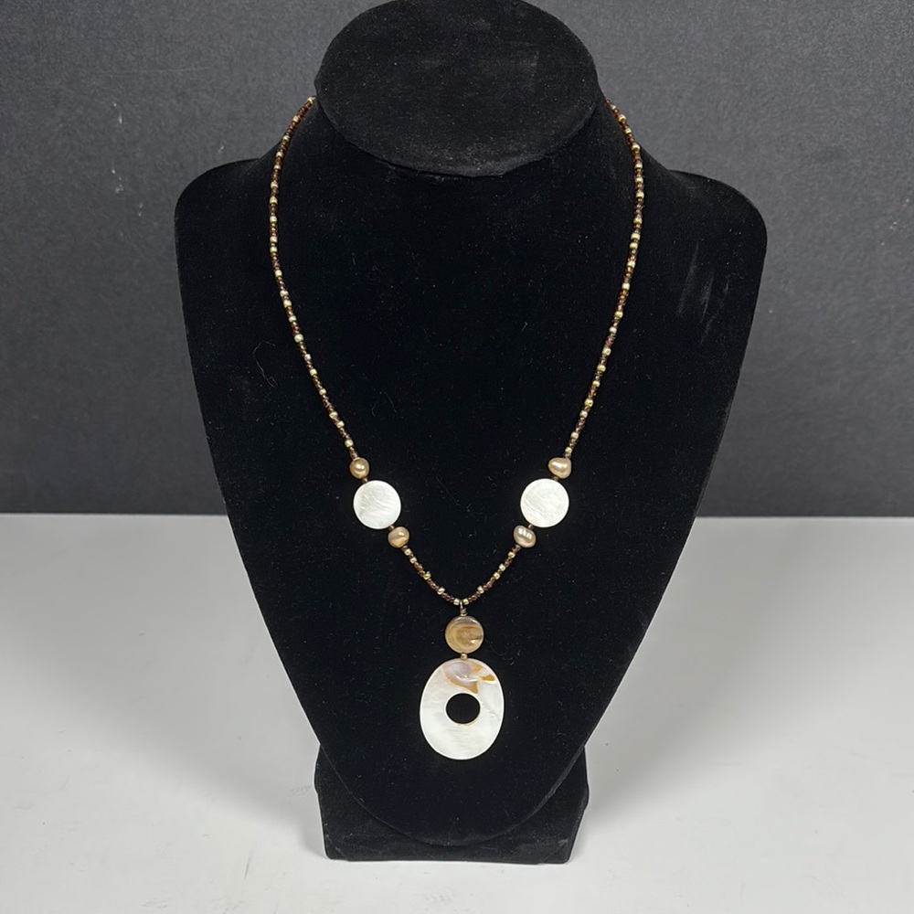 Handmade Gold & Brown Seed-bead Necklace w/  White & Brown Natural Stones 17”